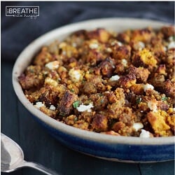 This delicious low carb and gluten free pumpkin bread, sausage & feta stuffing / dressing recipe from Mellissa Sevigny of I Breathe Im Hungry goes great with roasted turkey!