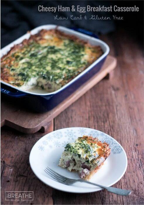 This delicious low carb quiche or casserole has a crispy gluten free crust and is flavored with ham, cheese and spinach!