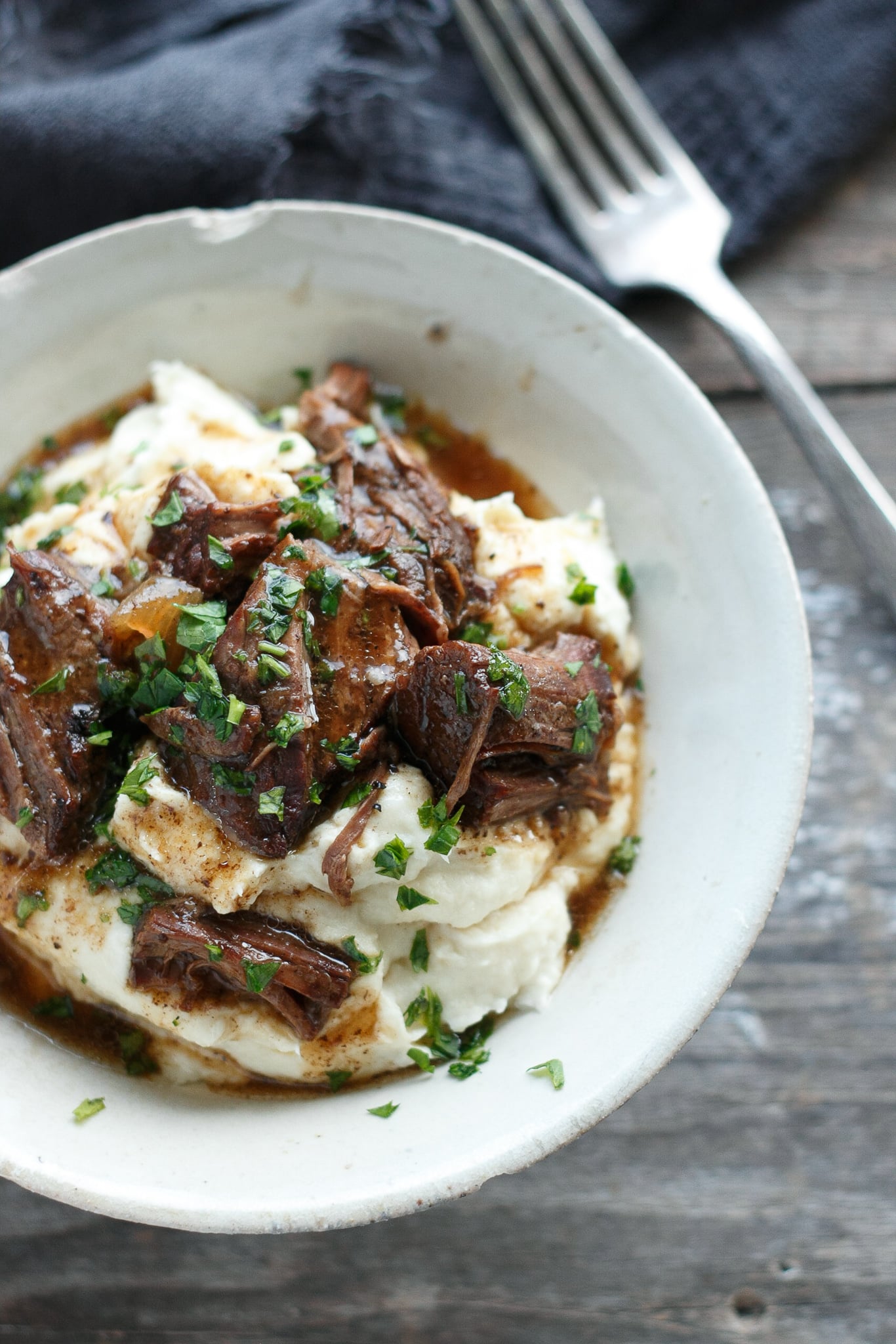 Low carb beef pot roast over cauliflower puree