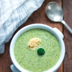keto broccoli cheese soup with a cheese cracker garnish
