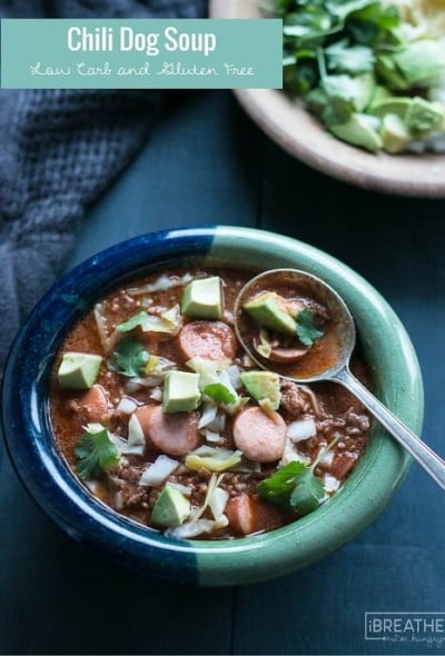 This keto friendly chili dog soup is perfect for your Superbowl Party! Throw it in the crockpot, prep your toppings and let your guests have at it!