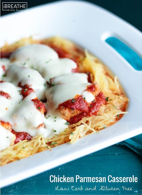 This delicious low carb chicken parmesan casserole is gluten free and guaranteed to be a hit with kids and husbands alike!