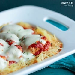 A low carb and gluten free chicken parmesan casserole recipe from Mellissa Sevigny of I Breathe Im Hungry