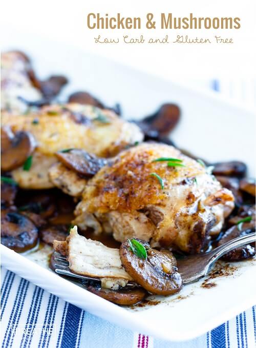 Keto chicken and mushrooms on a white plate
