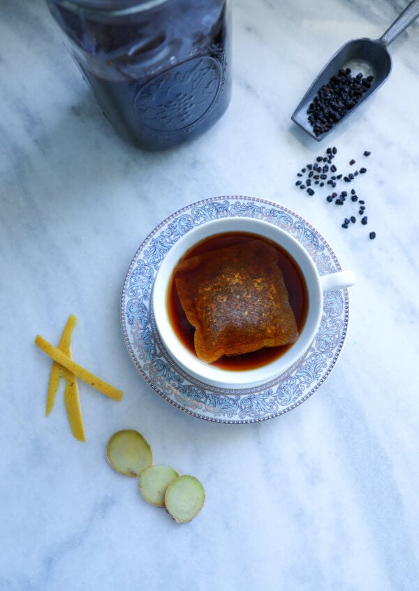 Cup of tea with keto elderberry syrup added