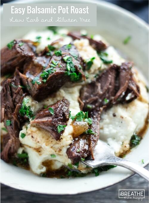 This delicious low carb pot roast recipe tastes amazing over cauliflower puree!