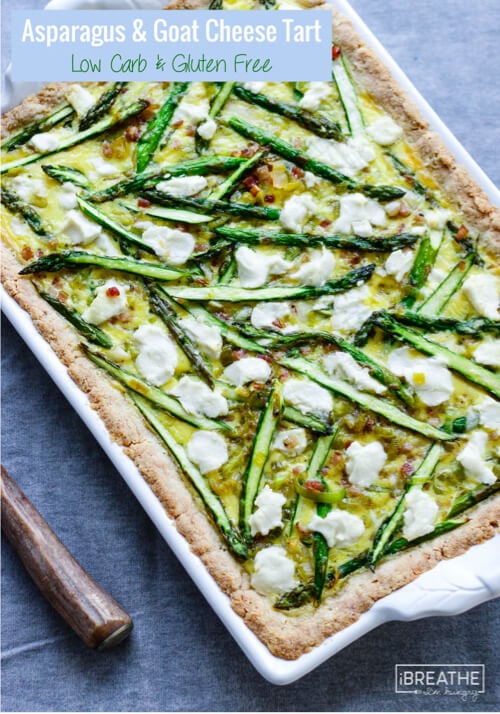 This low carb and gluten free asparagus tart is loaded with leeks, pancetta and tangy goat cheese!