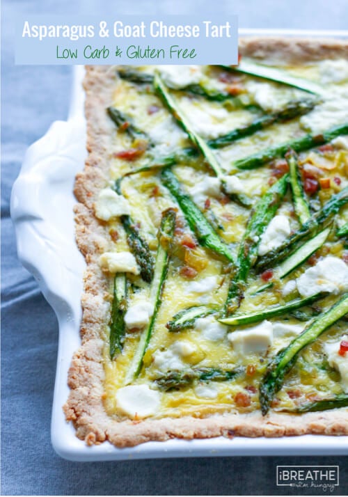 This keto friendly asparagus tart is loaded with salty pancetta, tangy goat cheese, and sweet, buttery leeks!