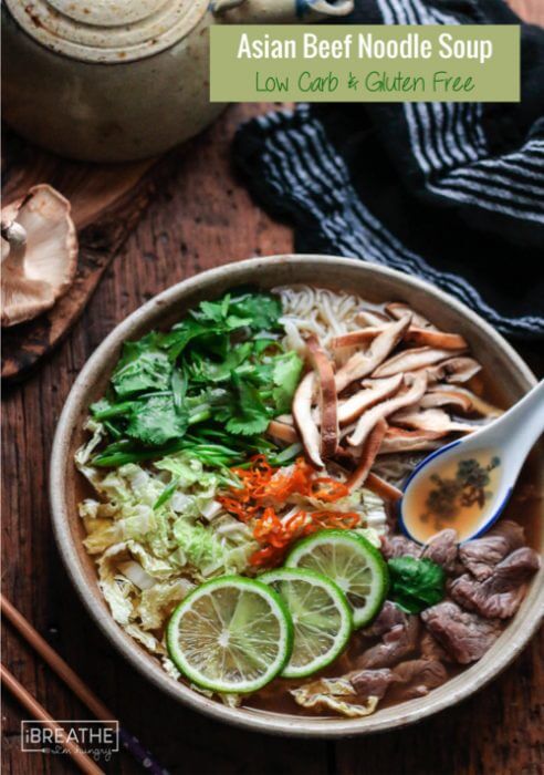 This Keto friendly Asian Beef Noodle Soup is loaded with healthy veggies and lean protein!