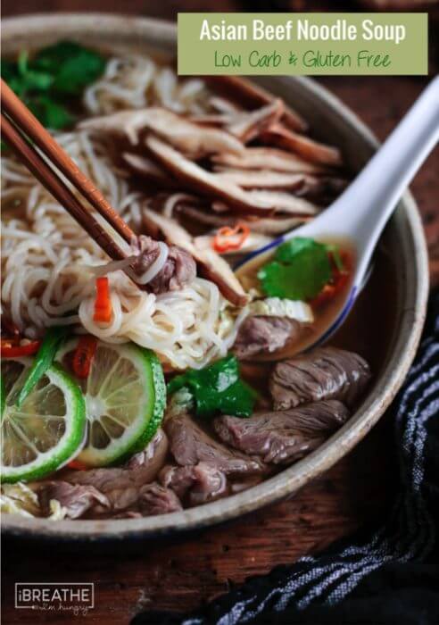 This keto friendly Asian Beef Noodle Soup is loaded with healthy veggies and zero carb noodles!