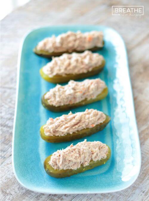 Low carb and super easy, these smoky tuna pickle boats are fun for kids and adults!