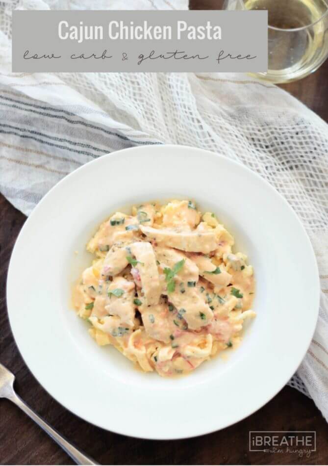 Cajun Chicken Pasta with tender chicken and low carb fettuccine noodles smothered in a spicy cajun cream sauce. Keto and Gluten Free!