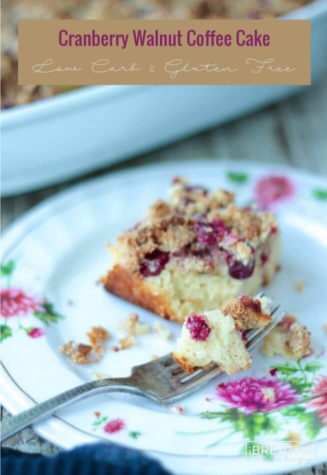 Subtly orange flavored cake with a burst of tart cranberries and a toasty walnut streusel topping! Keto, Atkins, Low Carb, Gluten Free