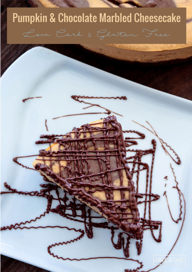 Pumpkin and chocolate cheesecake swirled together and nestled atop a crunchy chocolate cookie crust! Low carb, keto and gluten free too!