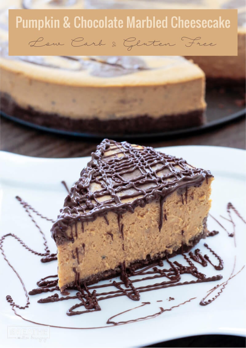 Rich and creamy pumpkin and chocolate cheesecake swirled together atop a chocolate cookie crust! Keto, Atkins, and gluten free!