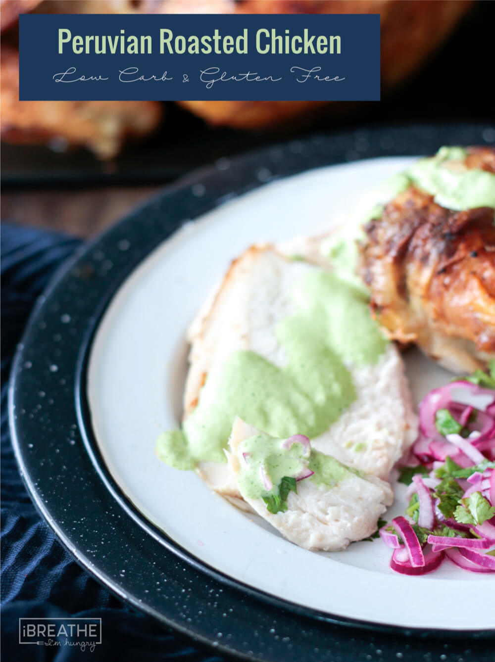 sliced chicken breast with green sauce and red onions