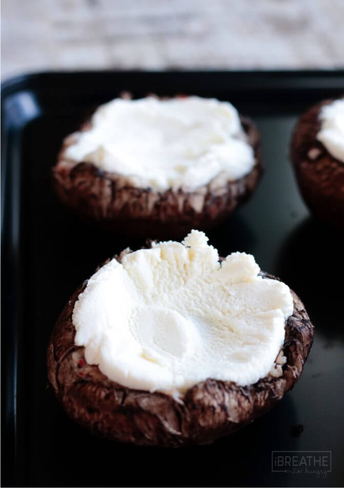 Lasagna stuffed portobello mushrooms - ricotta cheese layer