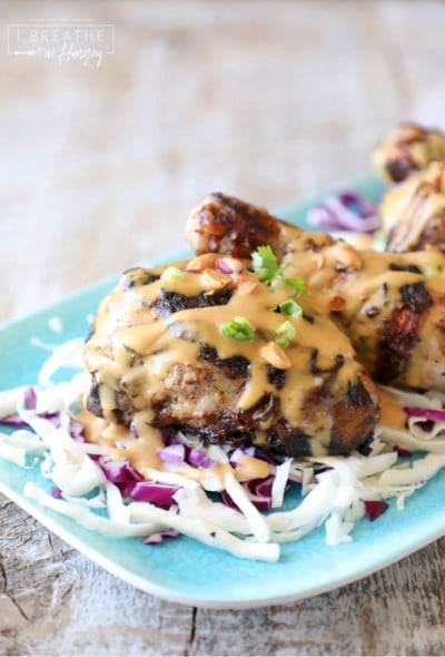 Keto Grilled Chicken with Peanut Sauce - perfect for parties, it's low carb and Atkins friendly!