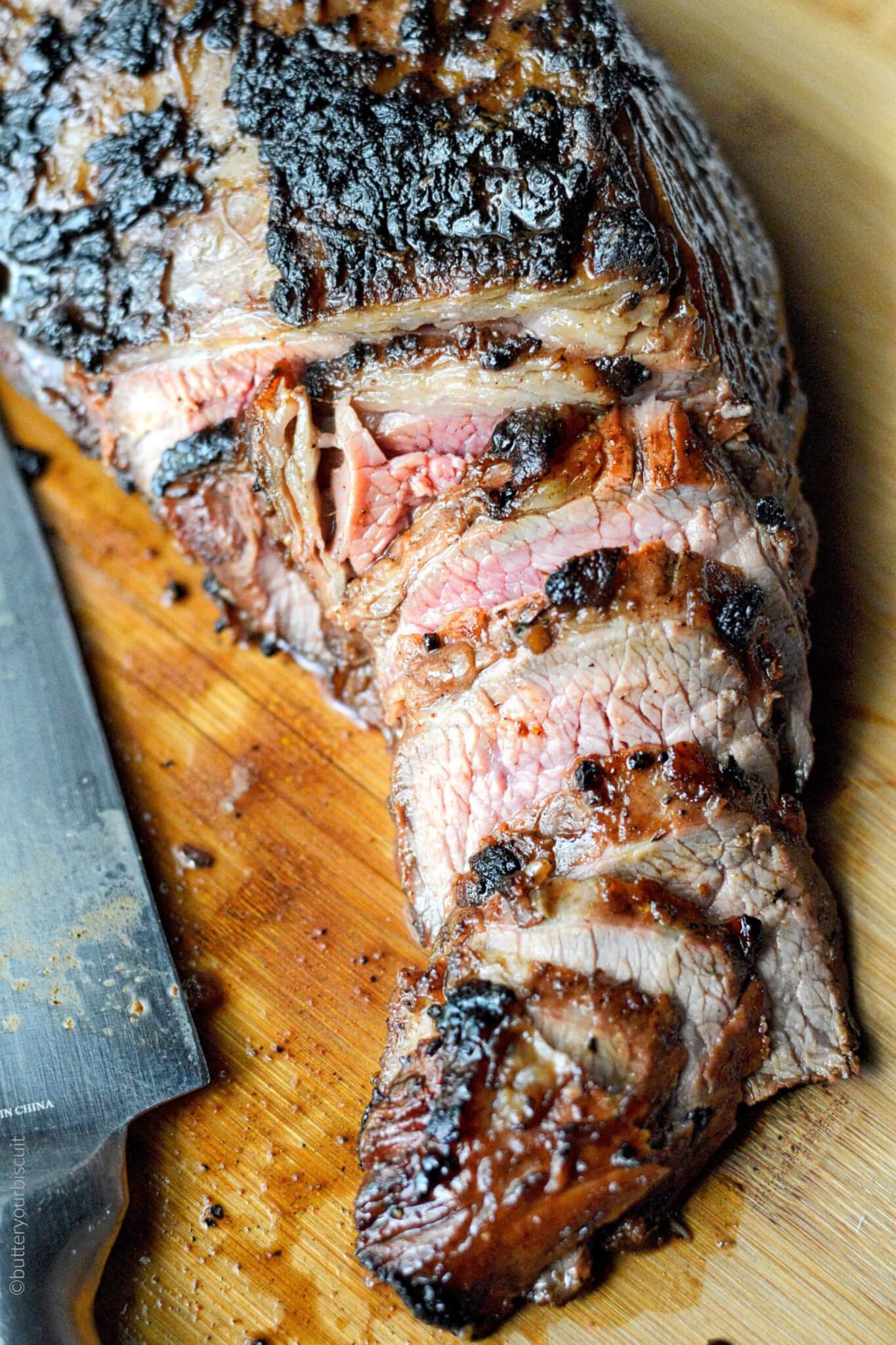 Grilled Twi-tip sliced on a cutting board