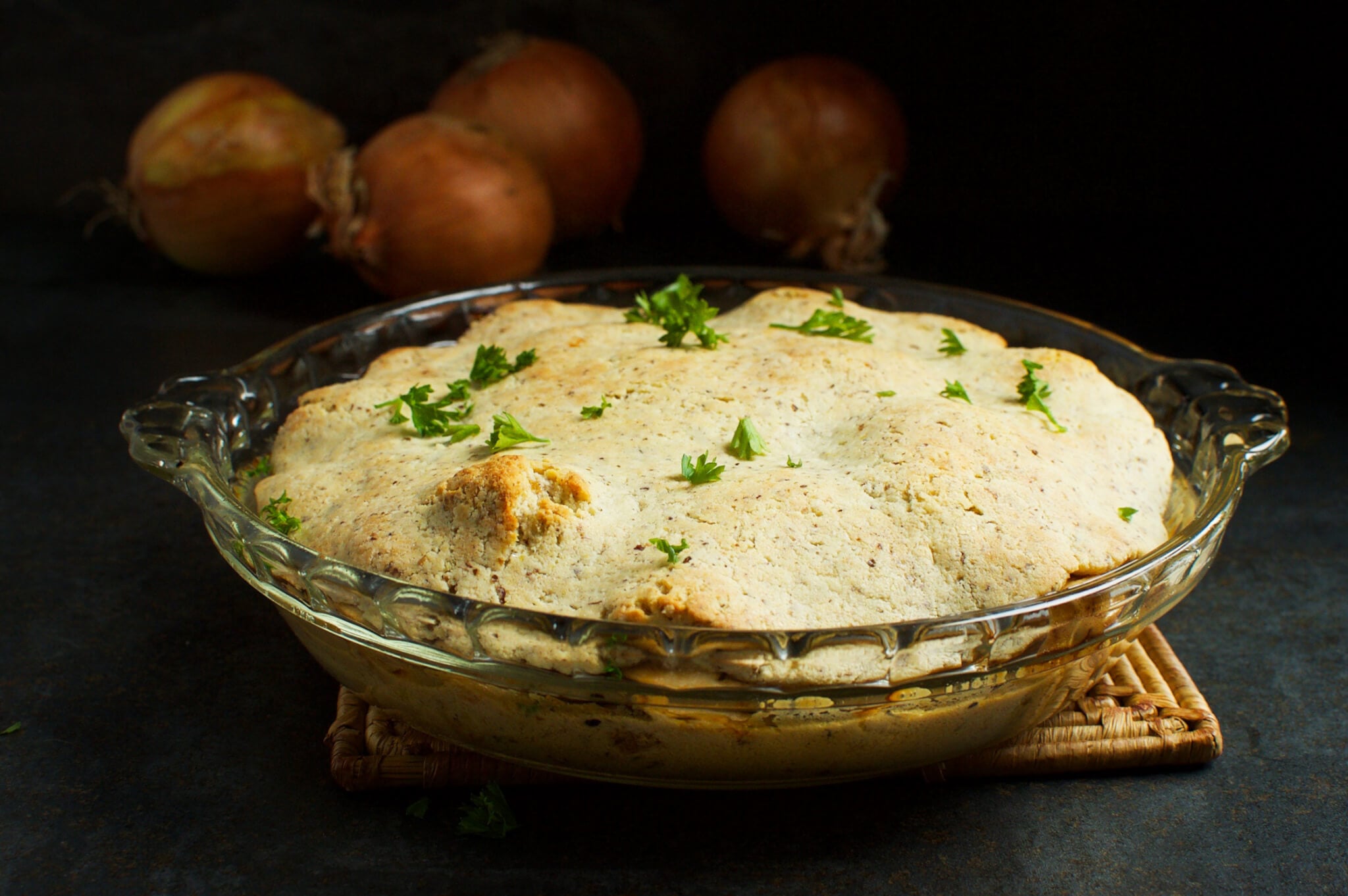 low carb chicken pot pie with parsley garnish