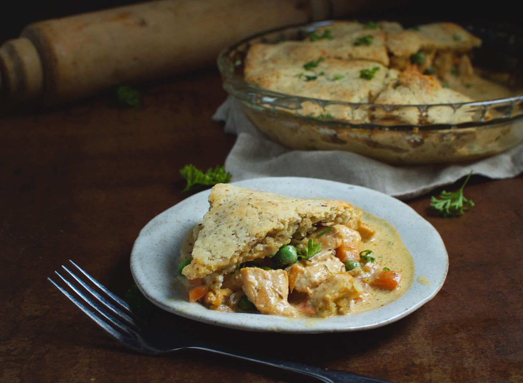 Keto Chicken Pot Pie with a biscuit crust