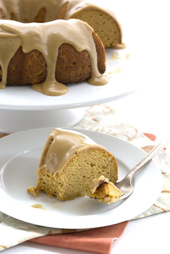 slice of low carb pumpkin caramel bundt cake on white plate