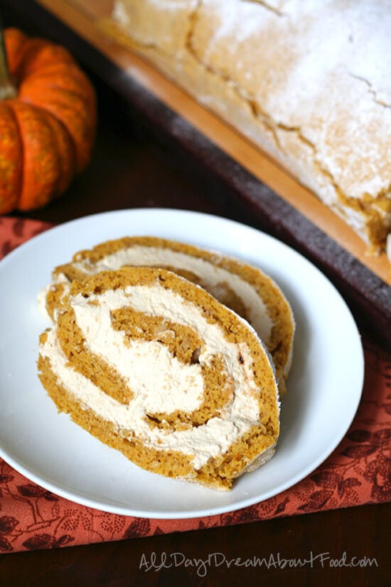 slice of pumpkin roll with coffee creme on a plate - 125 best keto pumpkin recipes!