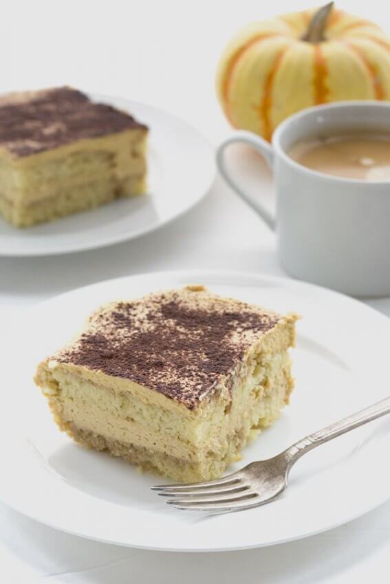 keto pumpkin tiramisu on white plate