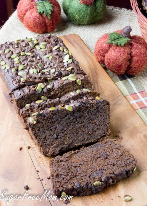 Slices of low carb chocolate pumpkin bread