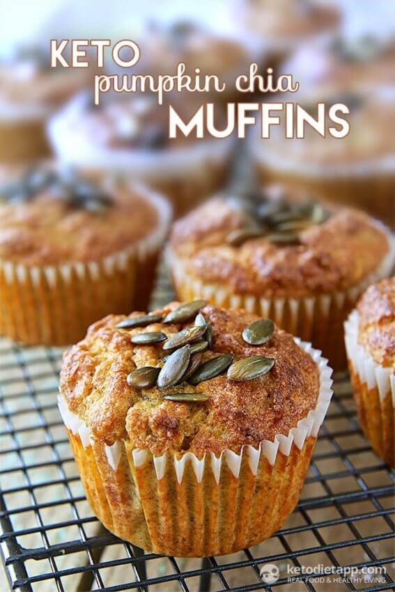 Keto pumpkin chia muffins with pumpkin seeds on top