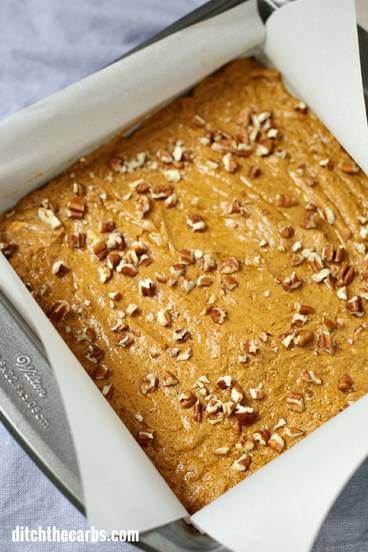 Pan of sugar free pumpkin fudge with nuts on top - 125 best keto pumpkin recipes!