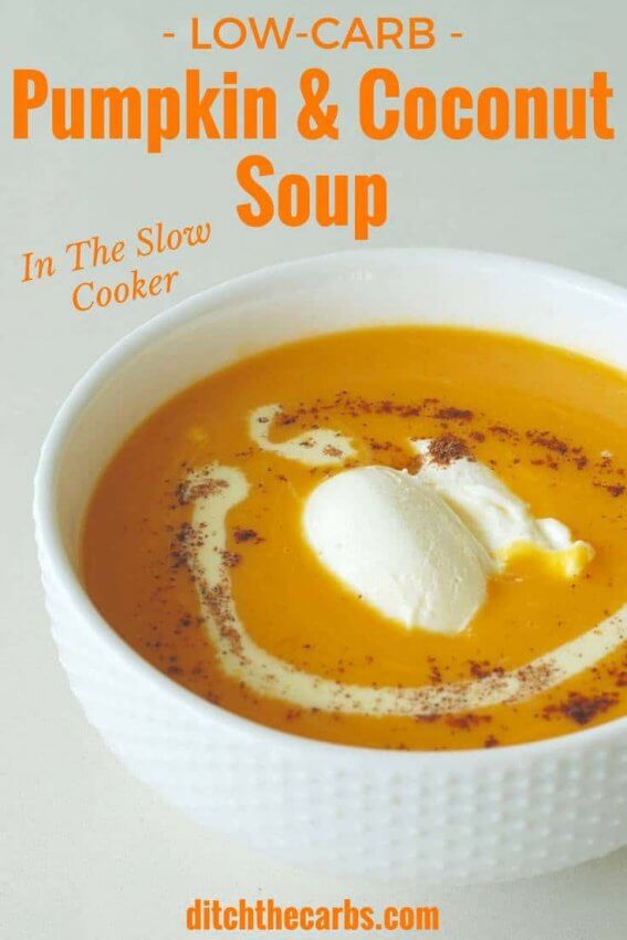 Pumpkin & Coconut Soup in white bowl
