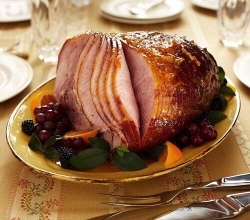 Keto Bourbon Glazed Ham on Gold Platter