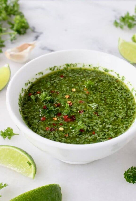 Keto Chimichurri Sauce in White bowl