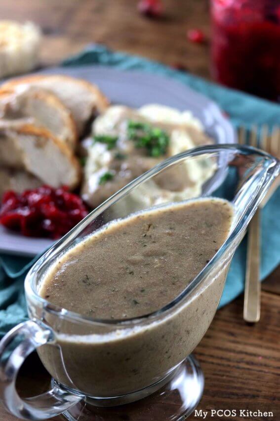 Keto Turkey Giblet Gravy in Glass serving boat