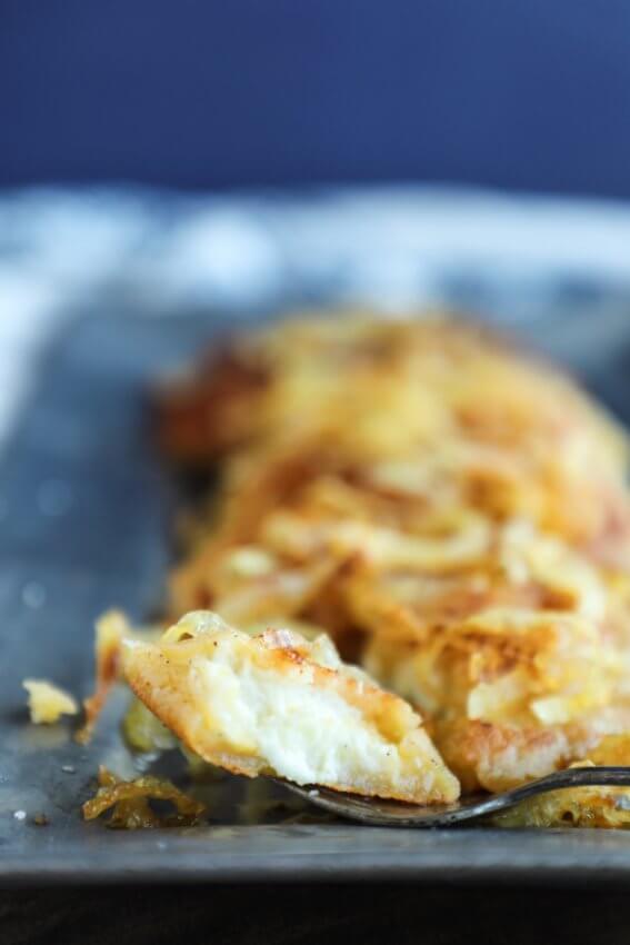 Cross Section of keto pierogi with fried onions