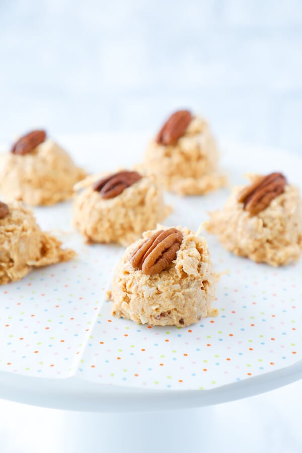 No bake Keto Pumpkin Spice Haystack Cookies on white pedestal