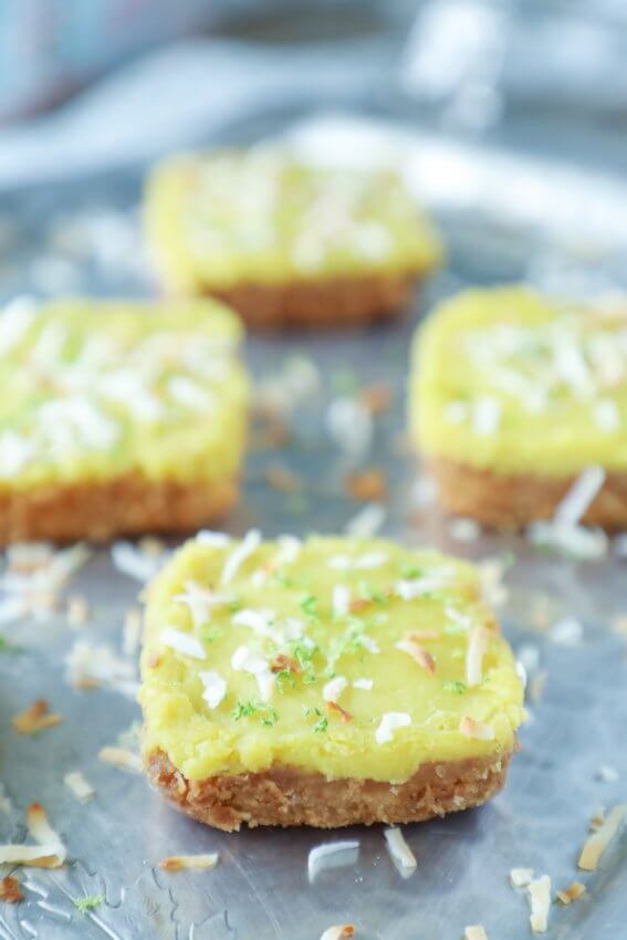 Keto Coconut Lime Bars on Silver Tray from front