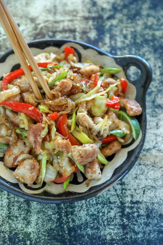 Keto Crispy Pork & Noodle Stir Fry with red peppers