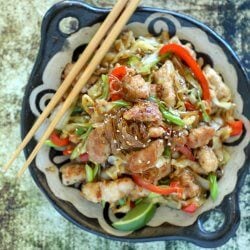 Keto Crispy Pork Noodle Stir Fry on green background