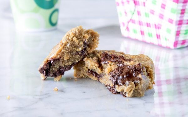 Nut Free Keto Chocolate Chip Cookies broken in half