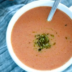 Easy Keto Tomato Basil Soup in a white bowl