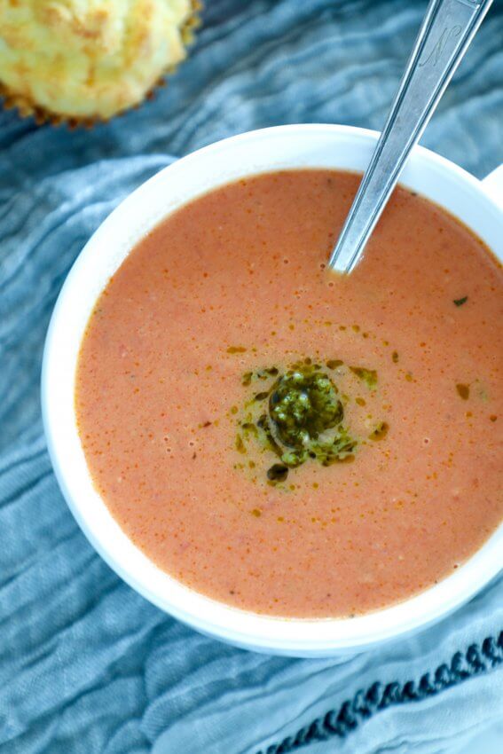 Easy Keto Tomato Basil Soup in a white bowl