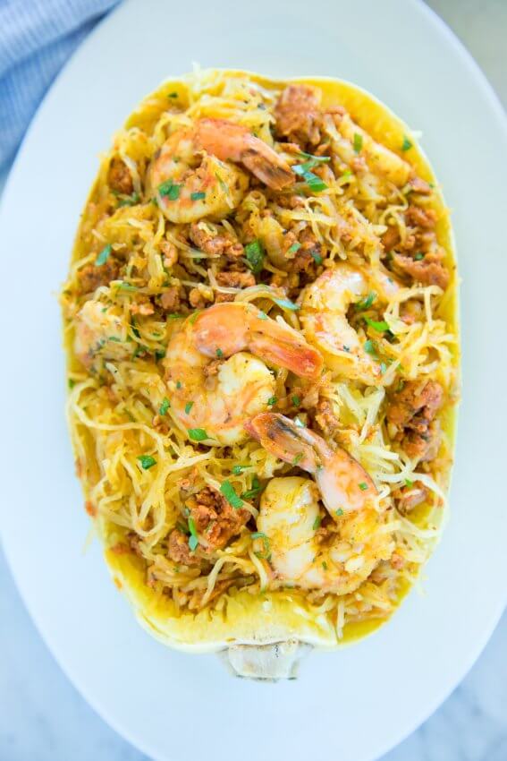 Top view of keto shrimp & chorizo spaghetti squash bowls