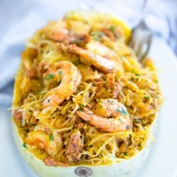 Keto Shrimp & Chorizo Spaghetti Squash Bowl on white plate