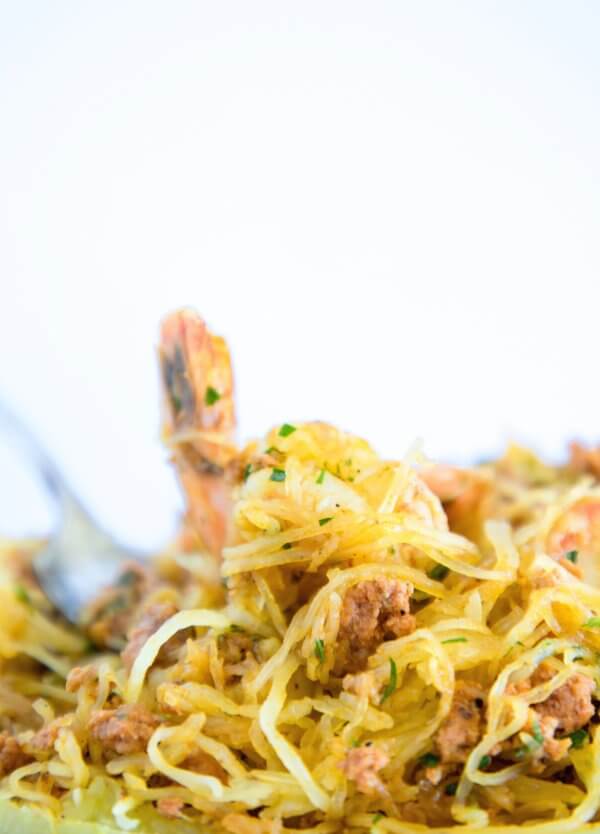 Forkful of keto shrimp & chorizo spaghetti squash