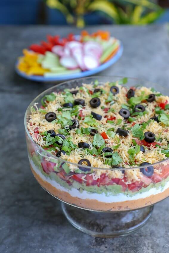 Closeup of Keto 7 Layer Dip in Glass Bowl
