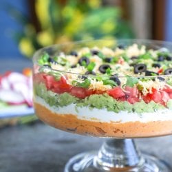 Front view of keto 7 layer dip layers through glass