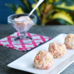Keto Strawberry Shortcake Ice Cream Bon Bons on a grey background