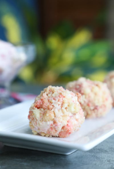 Keto Strawberry Shortcake Ice Cream Bon Bons on a white platter